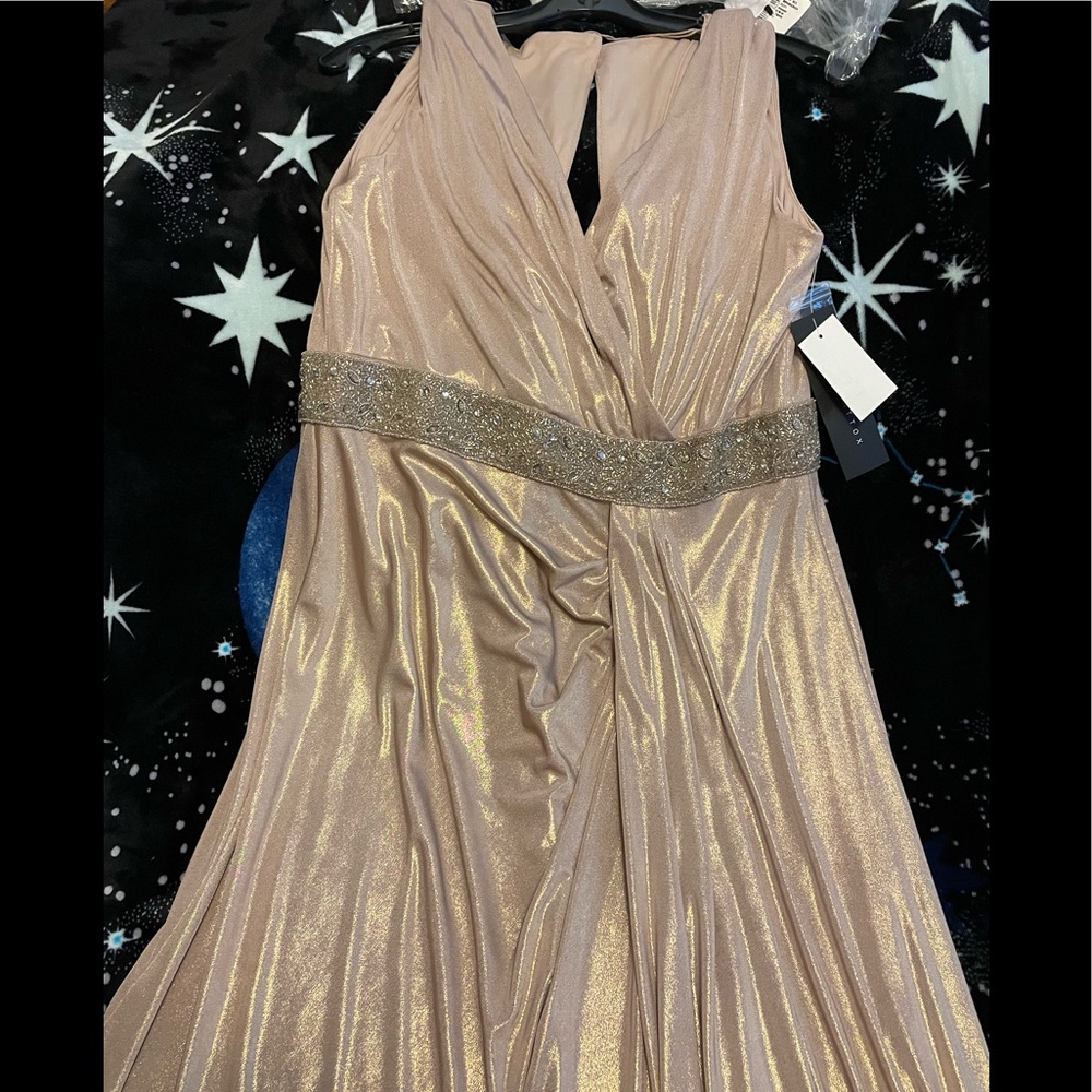 Aidan Mattox gold shimmer long Goddess dress with a side slit never worn